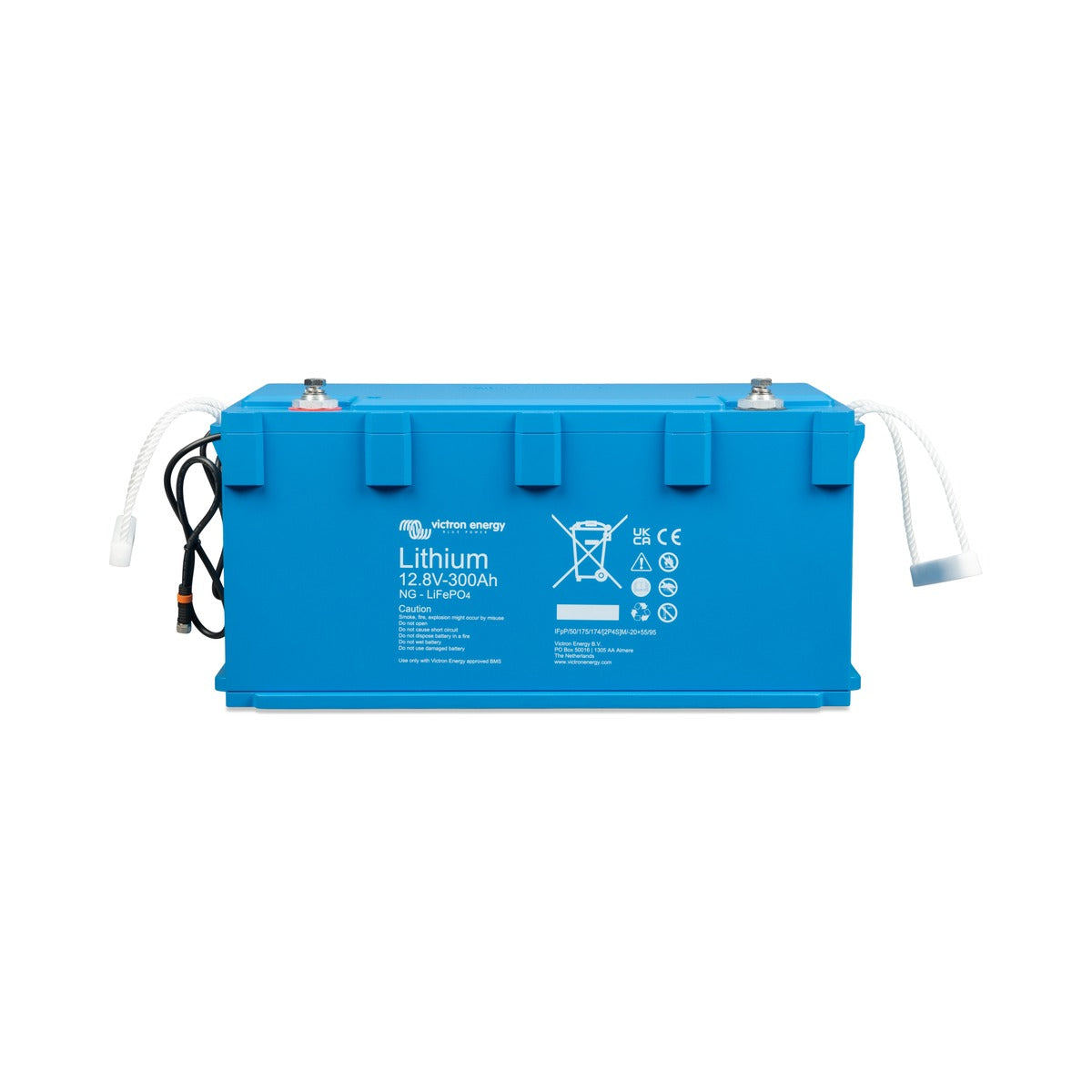 Victron BAT512130620 LiFePO4 battery NG 12.8 V 300 Ah, flat blue lithium battery with a Lithium label and white leads