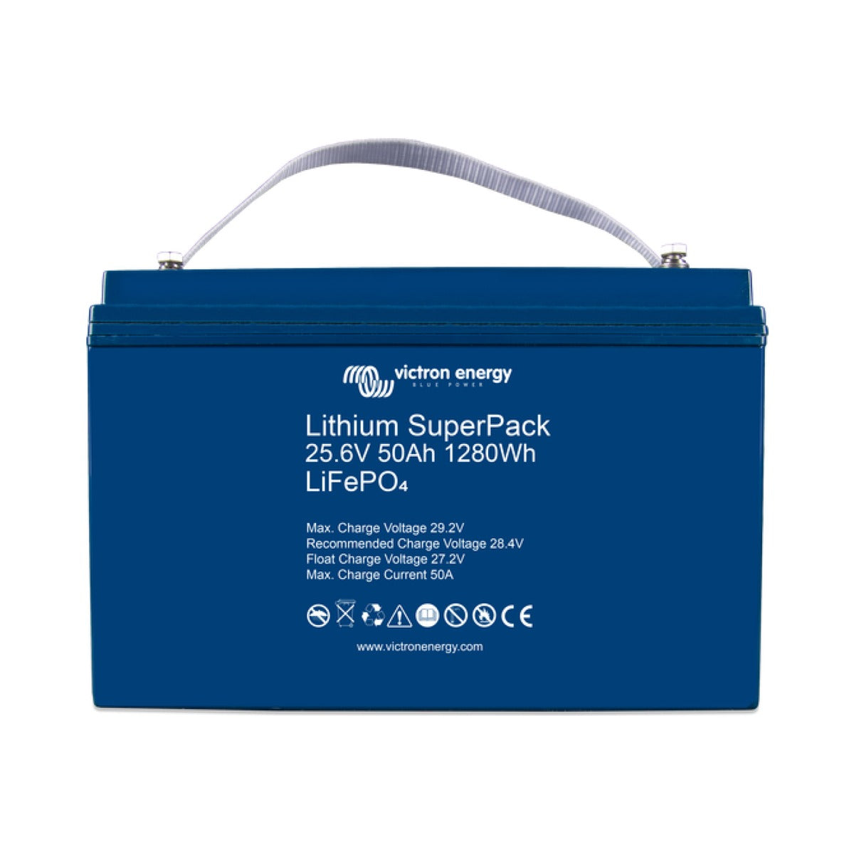 Victron BAT524050705 Lithium SuperPack 25.6 V 50 Ah, dark blue battery case with a carry handle and a label