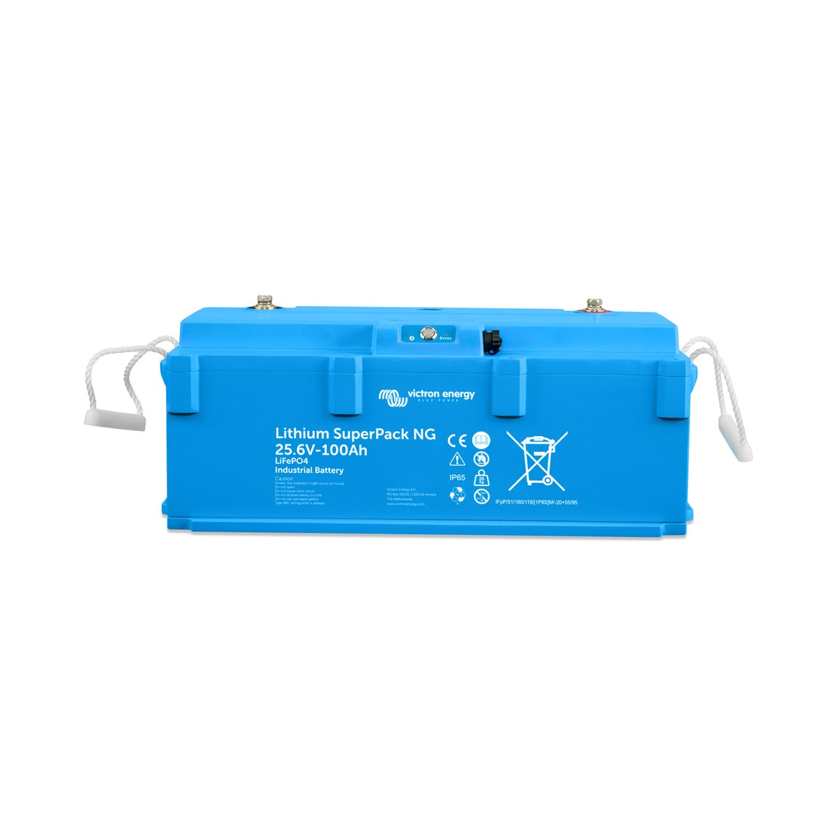 Victron BAT524110740 Lithium SuperPack NG 25.6 V 100 Ah, light blue battery with two white carry straps
