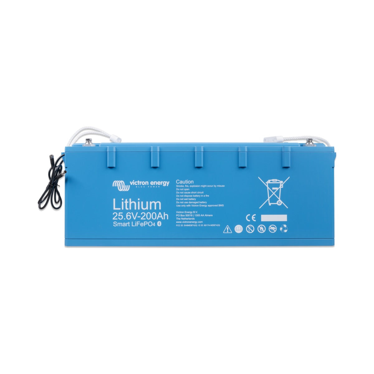 Victron BAT524120610 Lithium Battery Smart 25.6 V 200 Ah, flat blue lithium battery with a LiFePO4 label and white leads