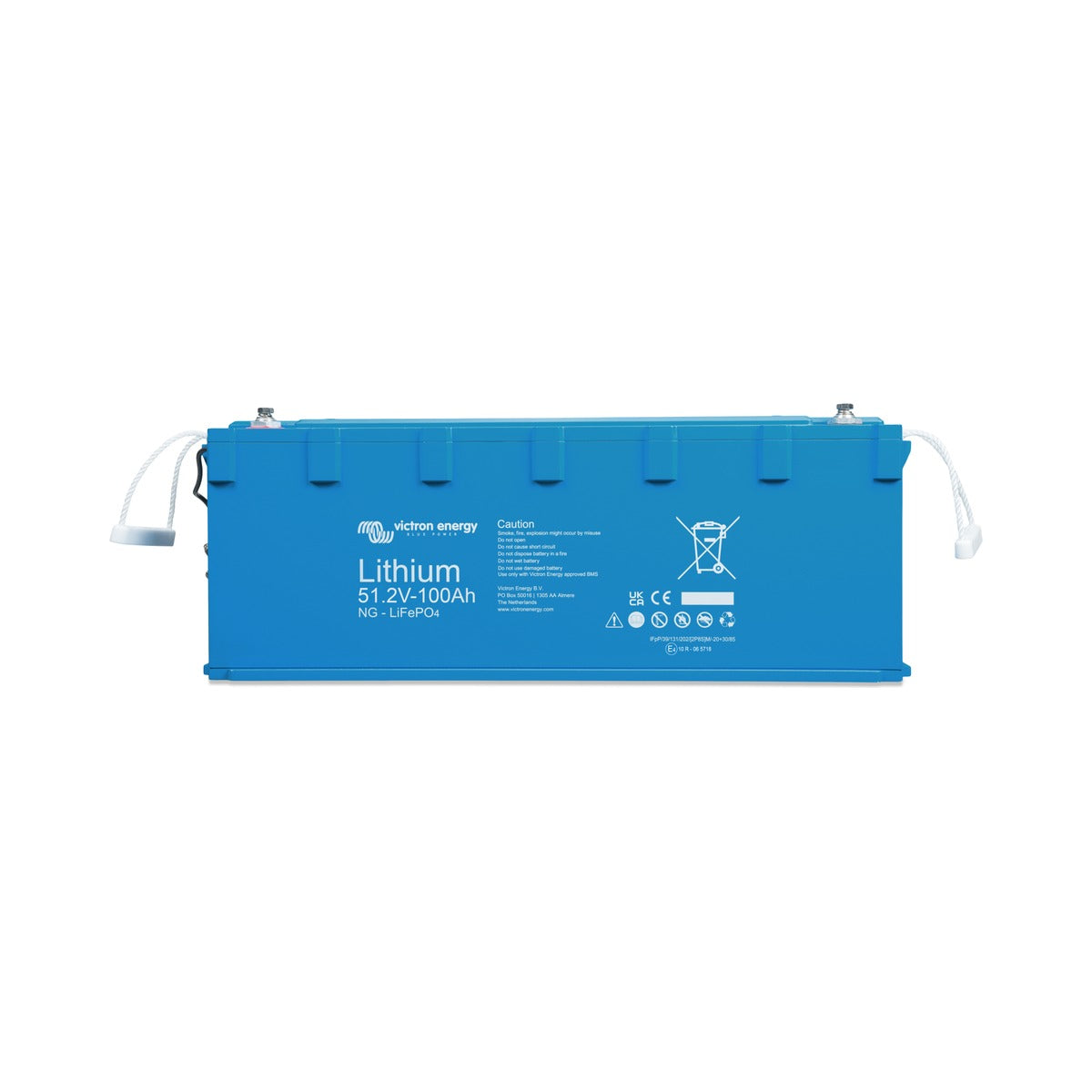 Victron BAT548110620 LiFePO4 battery NG 51.2 V 100 Ah, flat blue lithium battery with a Lithium label and white leads