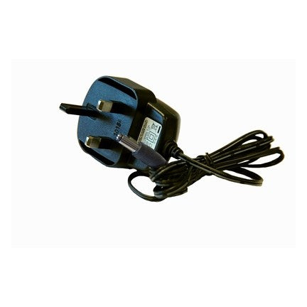 Icom BC-01 UK 12V 500mA switch mode charger PSU, black UK mains plug with a black lead and a small plug