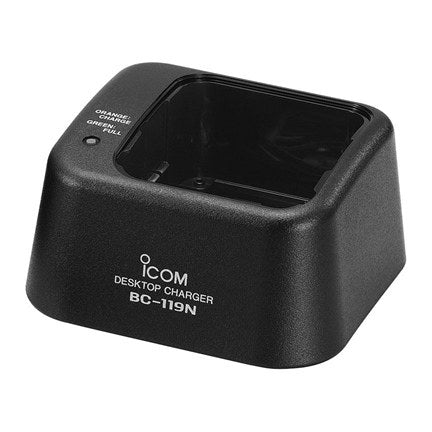 Icom BC-119N UK desktop fast charger, black desktop cradle printed BC-119N with an indicator light