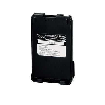 Icom BP-227 Li-ion battery pack 7.2V 1850mAh, black battery with a white label, for the IC-F51V and F61