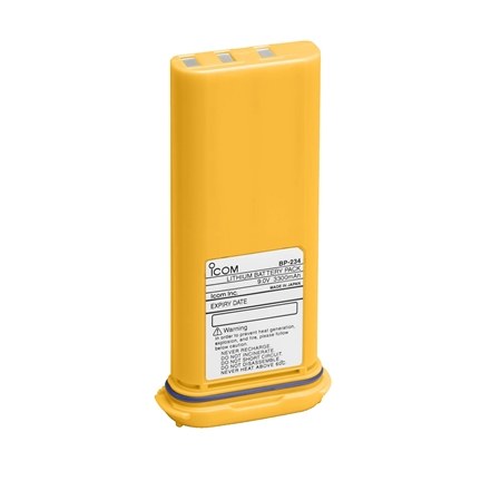 Icom BP-234 yellow lithium battery pack, front face showing the warning label and expiry date panel