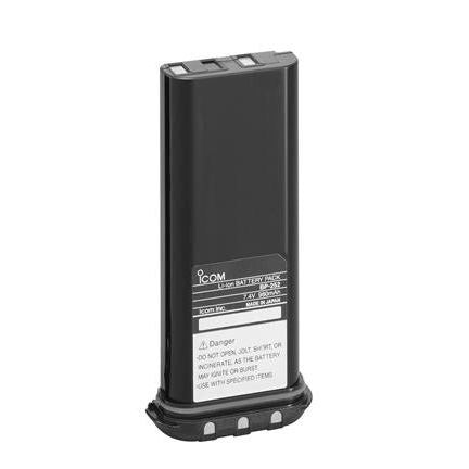 Icom BP-252 lithium-ion battery pack, black slim battery pack with a white warning label and contacts at the bottom
