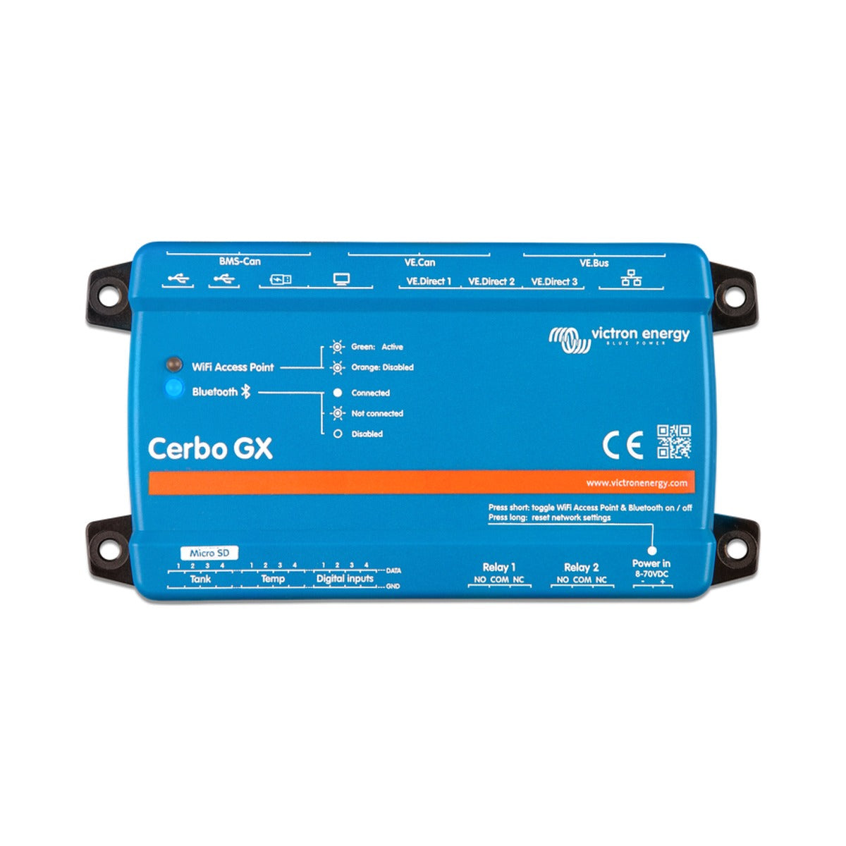 Victron BPP900451100 Cerbo GX MK2, front view of a flat blue unit with an orange band and a status label