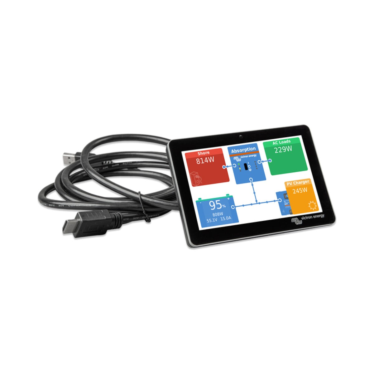 Victron BPP900455050 GX Touch 50 display, small black touchscreen showing power flow tiles with a black USB cable