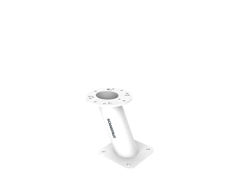 Scanstrut CAM-PT-150-01 white 150mm camera PowerTower, angled tubular mount with round top flange on black background