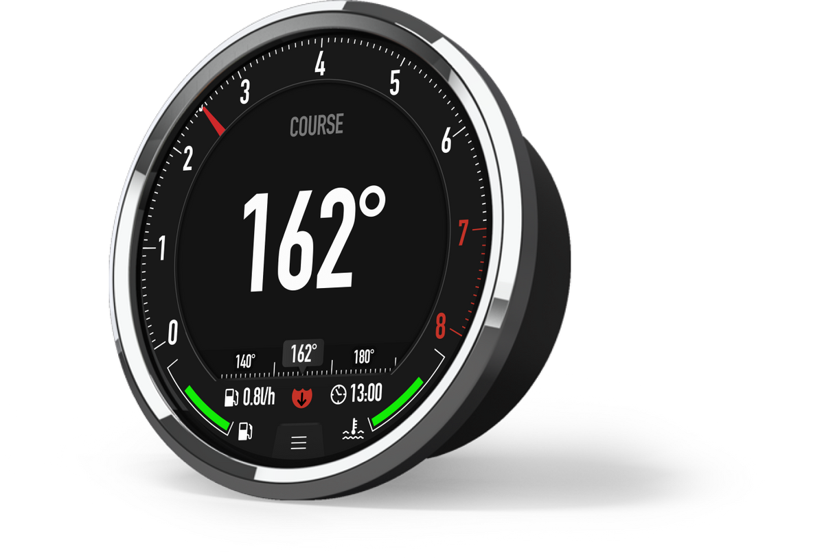 LXNav E360 touchscreen gauge, round black gauge showing course 162 degrees with a speed readout and green and red arcs