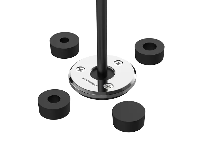 Scanstrut DS-LP-21B-S low profile stainless cable seal on black with a cable and four black rubber grommets