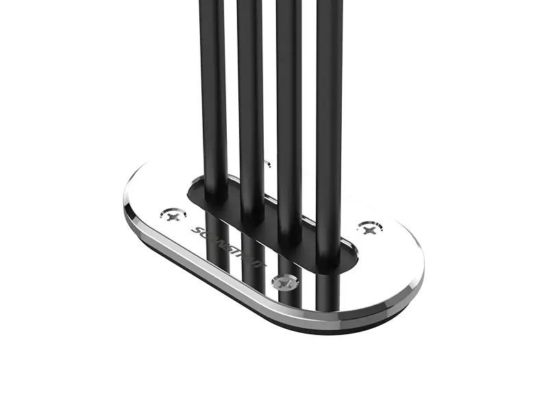 Scanstrut DS-LP-MULTI-S stainless low profile cable seal with four black cables rising, on black background