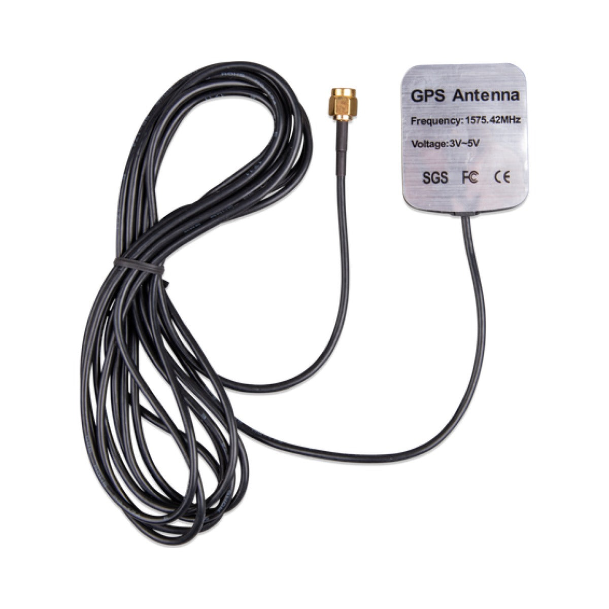 Victron GSM900200100 active GPS antenna, silver square antenna on a long black cable with a gold SMA plug