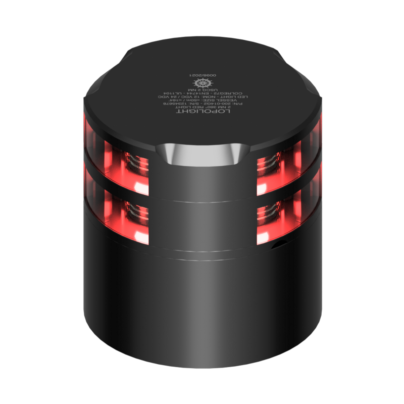 Lopolight NL300-114G2ST-B black double-tier red 360° light with aluminium base, two red lens bands, front view