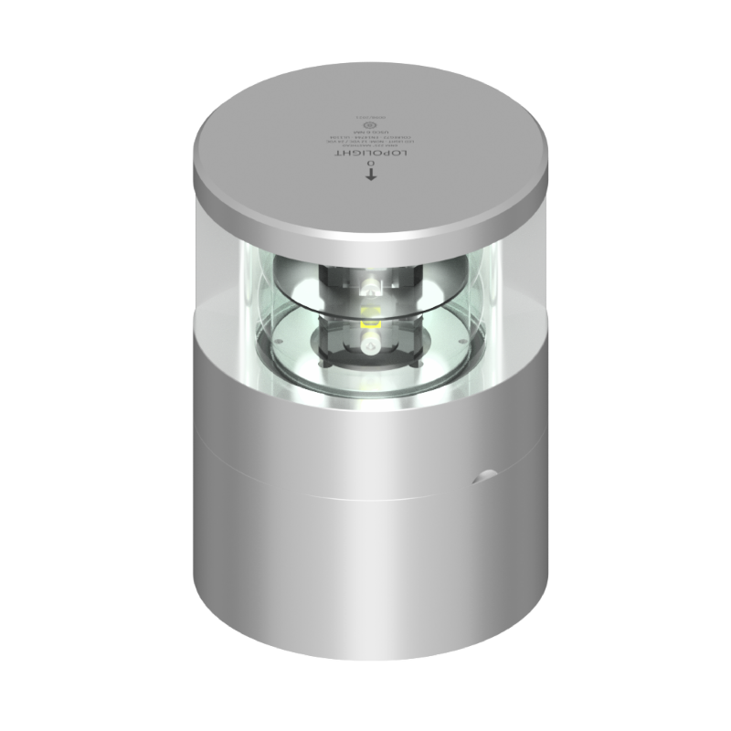 Lopolight NL300-038 silver cylindrical 225° masthead double light, angled view of clear lens and LEDs, small side screw