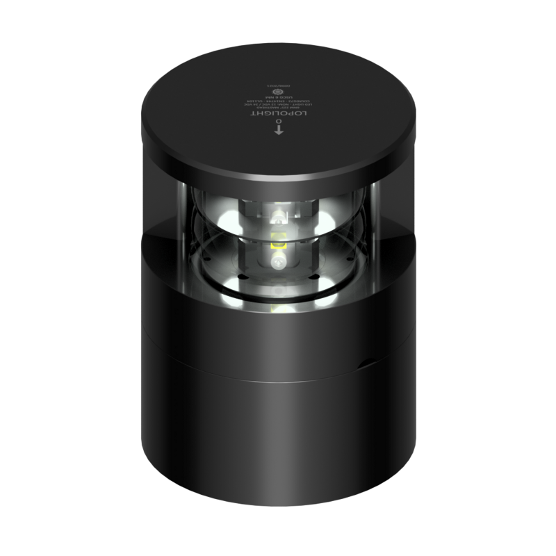 Lopolight NL300-138-B black 225° double masthead light, front view showing clear lens and LED lamp, black cap