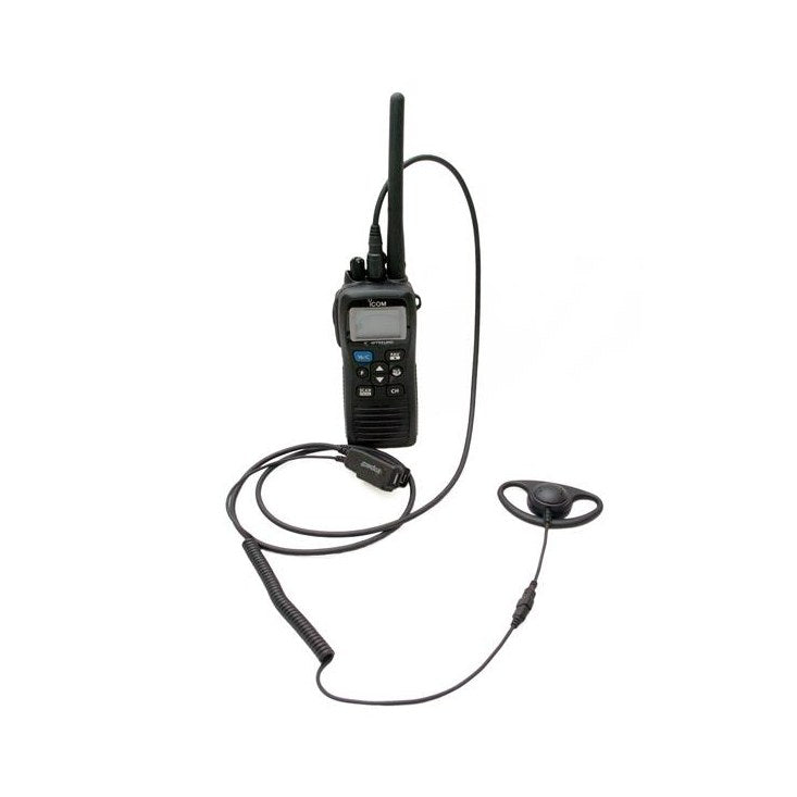 Icom HS-M73.002 D-shaped earpiece with PTT, black handheld radio with a lead to a D-shaped earpiece and a push button