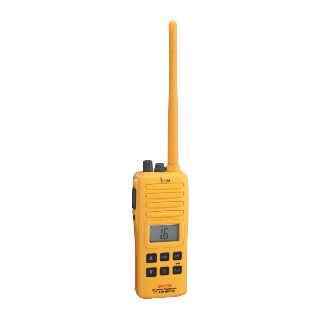 Icom IC-GM1600E orange GMDSS survival craft handheld VHF radio, front view with keypad and channel 16 display