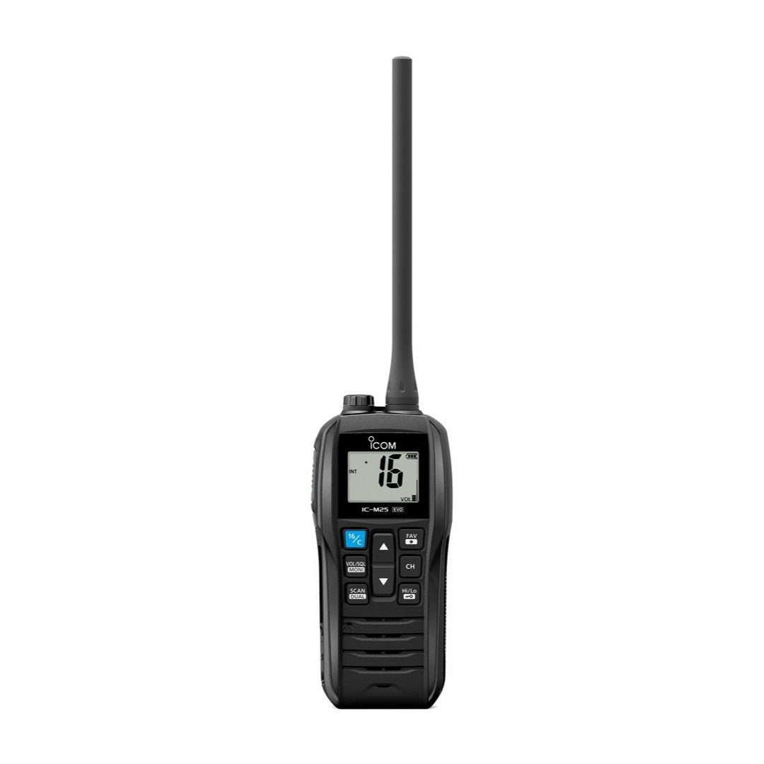 Icom IC-M25 EVO buoyant handheld VHF radio, front view with aerial, display showing channel 16 and keypad