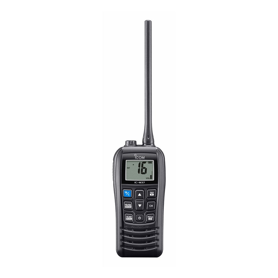 Icom IC-M37E handheld VHF radio, black and grey radio with a short antenna and a screen showing channel 16