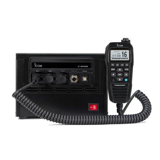 Icom IC-M510BB marine VHF with integrated AIS-RX, black box transceiver with a black Commandmic handset showing channel 16