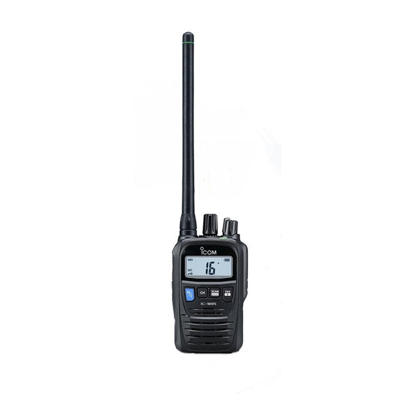 Icom IC-M85E handheld marine VHF radio, front view with antenna, display showing channel 16 and control keys
