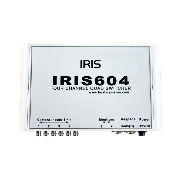 Iris IRIS604 4-channel analogue quad switcher with keypad, white box printed Four Channel Quad Switcher with BNC sockets