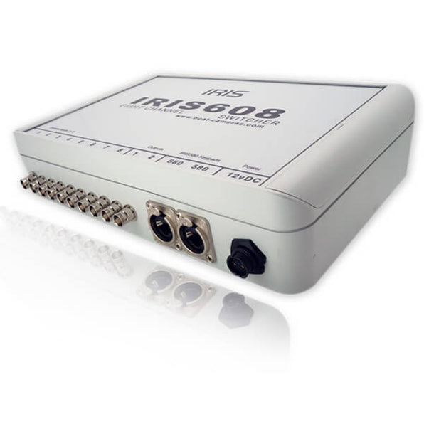 Iris IRIS608 8-channel analogue video switcher with keypad, pale grey box with BNC inputs, two XLR keypad sockets
