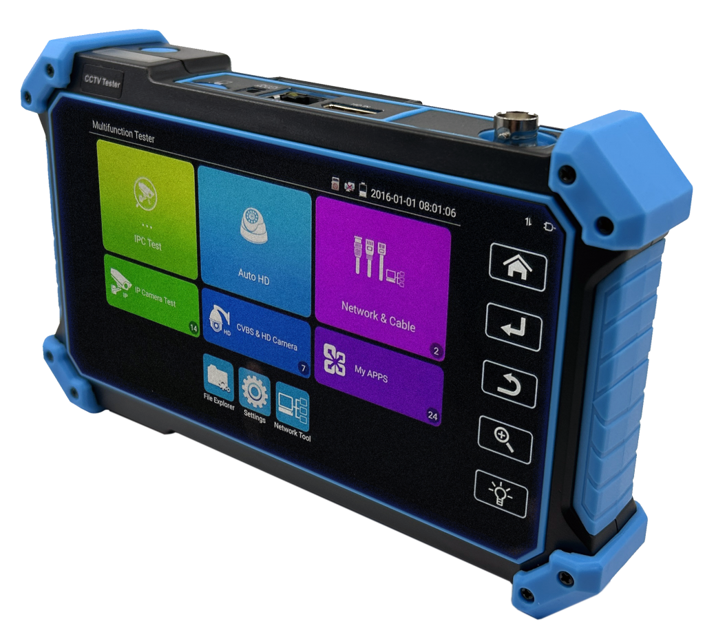 Iris IRIS996 portable CCTV camera tester, 00039-000, handheld touchscreen unit with a blue rubber bumper and an app icon menu