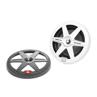 JBL Marine JBLMARSUBCB102 Club Marine 10 inch sub, RGB LED, a white and a grey spoked grille beside a white subwoofer