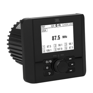 JBL Marine JBLJAM3000 marine head unit, black 2.8 inch unit with a white FM display showing 87.5 MHz and a rotary volume knob