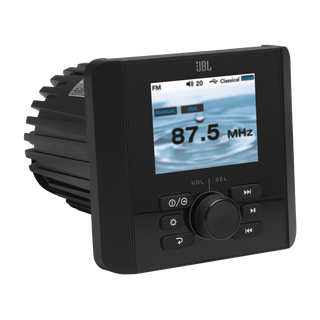 JBL Marine JBLJAM5000N marine head unit, 2.8 inch colour, NMEA 2000, black unit with a water-picture display showing 87.5 MHz