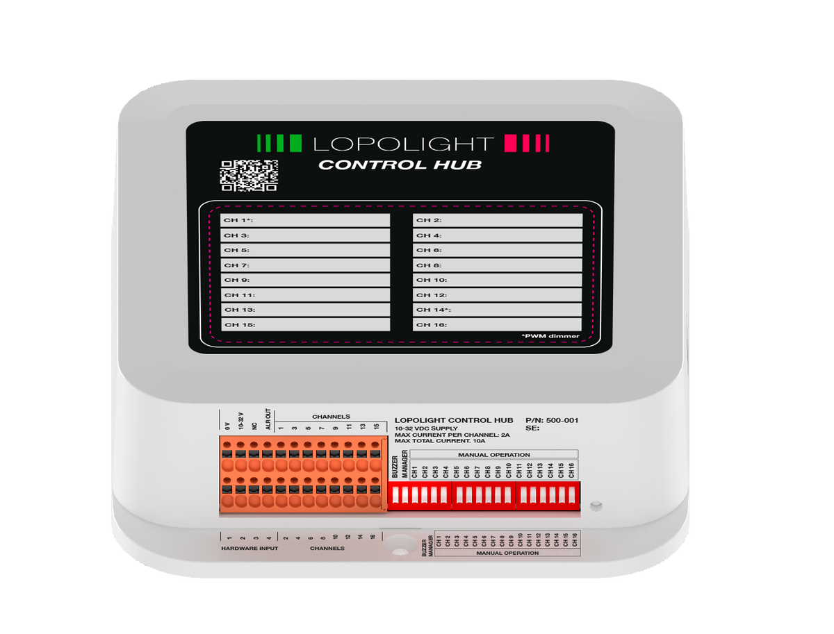 Lopolight NL500-001 Control Hub, front view of label panel above orange terminal blocks and red DIP switches