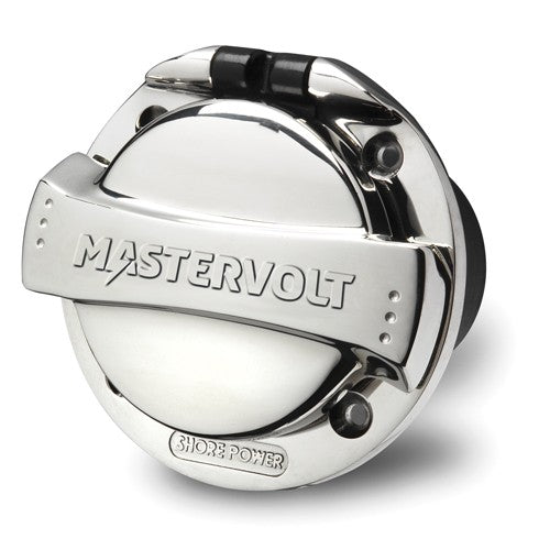 Mastervolt 2 pole stainless steel shore power inlet, polished hinged cover with Mastervolt and Shore Power lettering