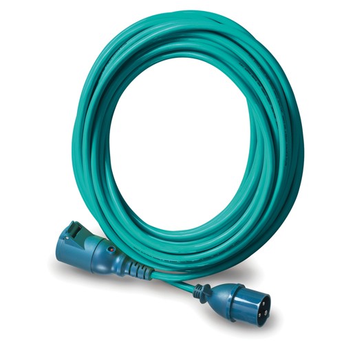 Mastervolt 25 metre 2.5mm2 shore power extension cable, teal coiled lead with blue 16A plug at the front