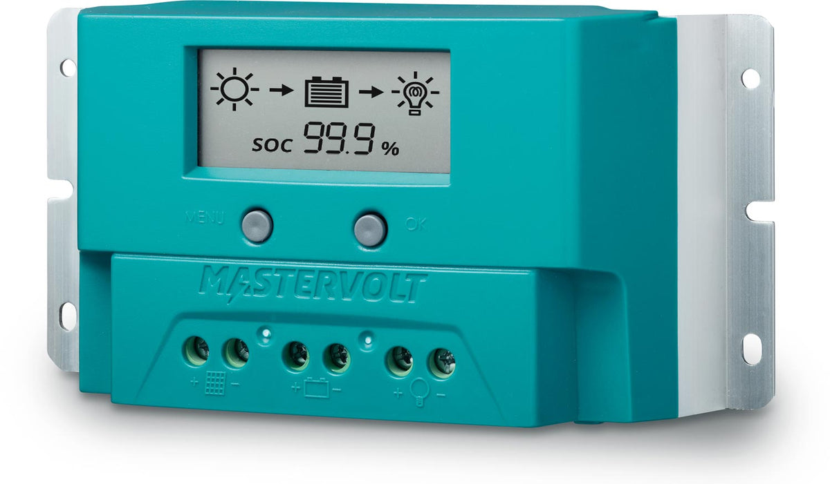 Mastervolt SCM20 PWM solar regulator, teal case with LCD showing sun, battery and load icons, terminals below