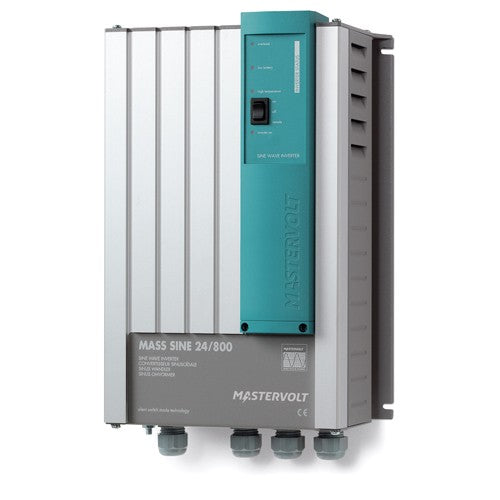Mastervolt Mass Sine 24/800 inverter, wall-mount unit with finned grey body, teal control strip and gland base
