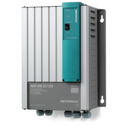 Mastervolt Mass Sine 24/1500 inverter, front view of finned grey body with teal control panel and cable glands