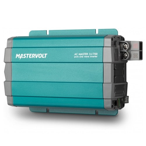 Mastervolt AC Master 24/700 inverter, horizontal teal case with grey end caps and DC terminals on right