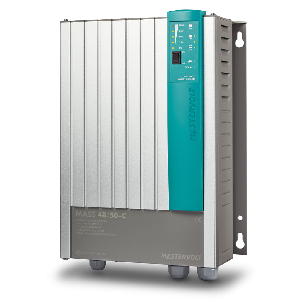 Mastervolt Mass 48/50-C battery charger, wide finned wall-mount case with teal panel and cable glands below