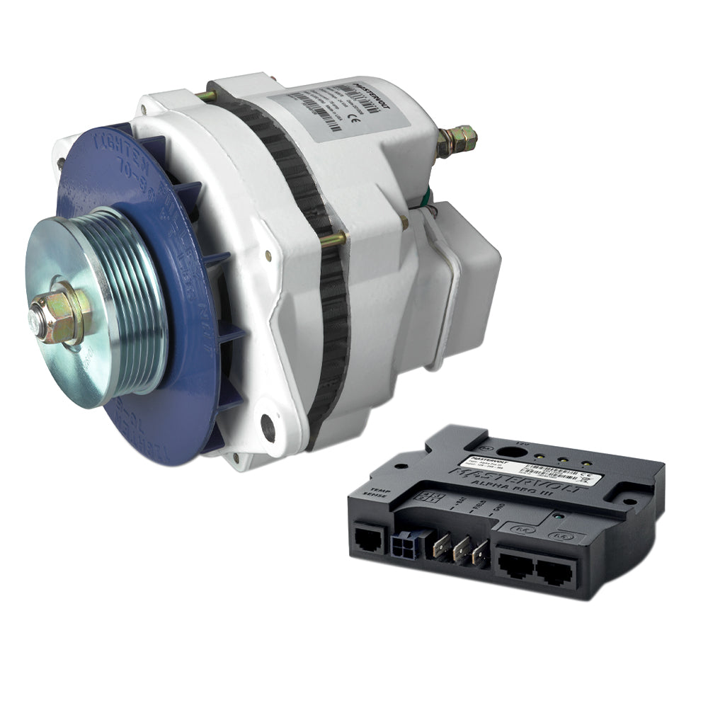 Mastervolt Alpha 24/75 III alternator 48624076, multi-groove pulley fitted, with charge regulator beside it