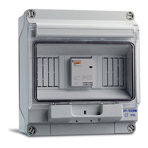 Mastervolt 55003300 soft start unit in grey IP55 enclosure, front view with clear hinged cover open