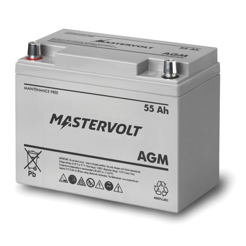 Mastervolt AGM battery 62000550, 12V 55Ah, grey case with red terminal cap, labelled front face