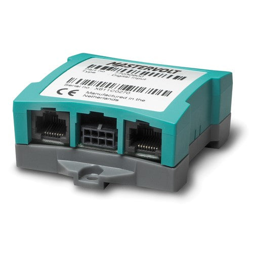 Mastervolt MasterBus Digital Switch Input 77030900, teal module with two RJ45 ports and central multi-pin socket