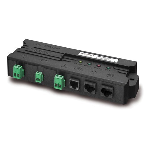 Mastervolt MasterBus AC Power Analyser 77031200, black module with green screw terminals and RJ45 ports, front view
