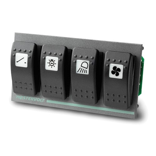 Mastervolt MasterBus Carling Switch Input 77031400, four rocker switches with light, fan and spotlight icons on grey panel