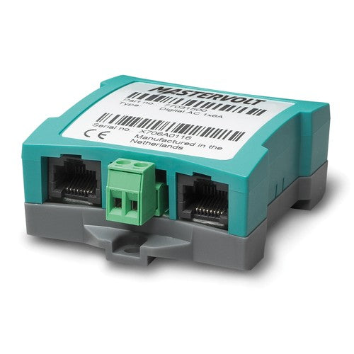 Mastervolt MasterBus Digital AC Switch 77031500, teal module with green screw terminal and two RJ45 ports, front view