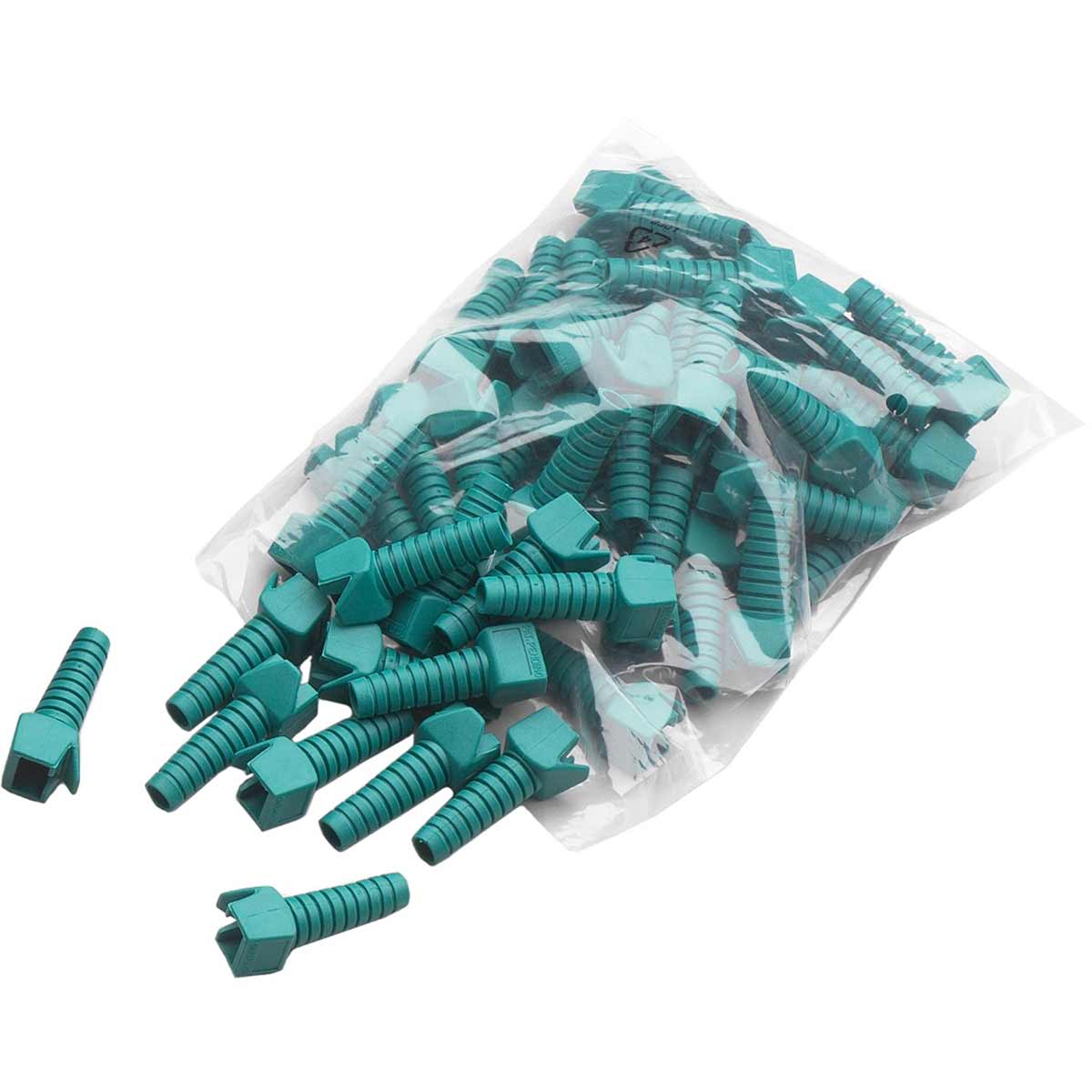 Mastervolt green isolation caps 77040015 for RJ45 connectors, loose teal strain-relief boots in a clear plastic bag