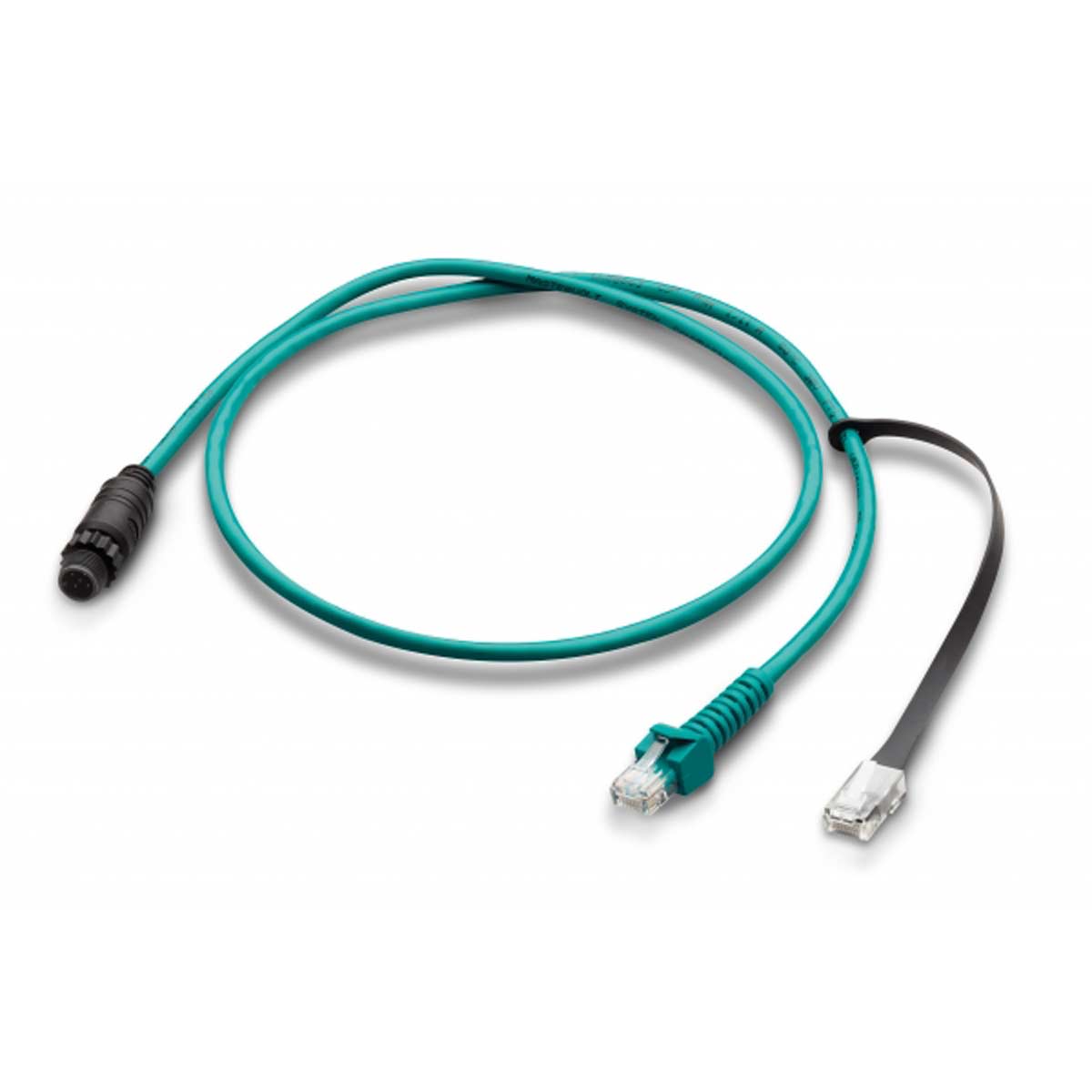 Mastervolt to CZone drop cable 77060050, teal looped cable with round black connector and RJ45 plugs, one flat black lead