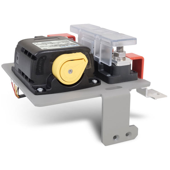Mastervolt MLI Ultra relay and fuse connection kit 79007712, black relay with yellow dial and fuse holder on grey bracket